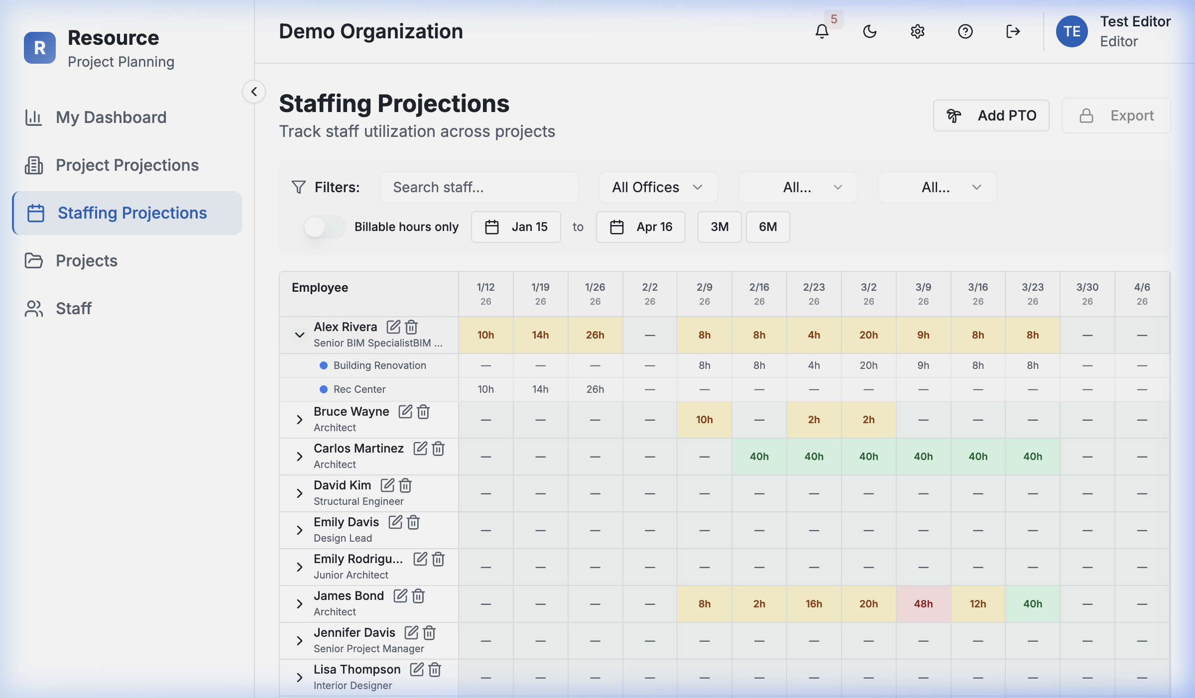 Staffing Projections Dashboard showing color-coded team utilization across projects